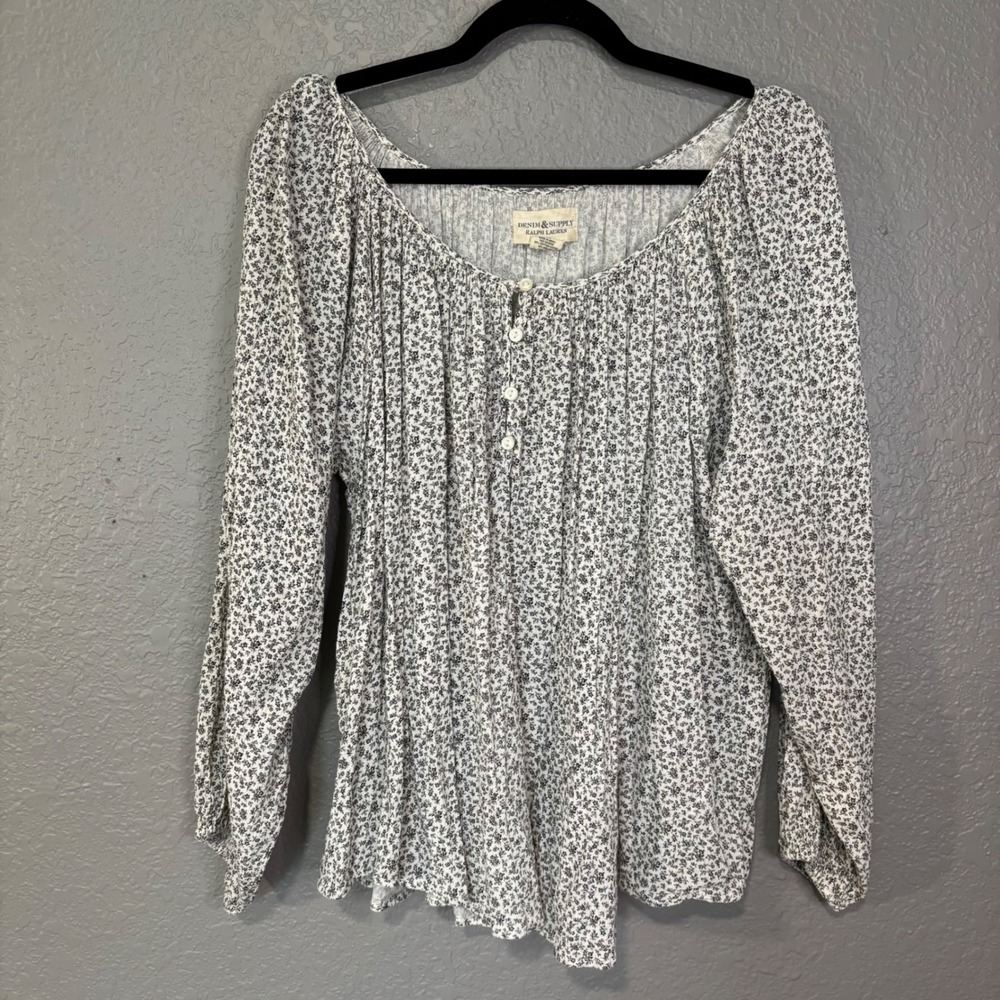 Denim & Supply Ralph Lauren Floral Ditsy Peasant Blouse White Black Medium